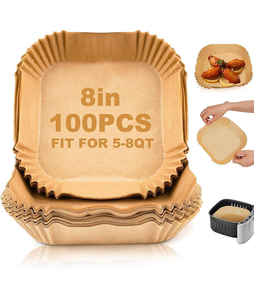 Air Fryer Liners 100 Pcs 8 Inch Square, Disposable Parchment Paper Baking Liners Non-Stick Oil-Proof Food Grade Paper, Perfect for 5-8 QT Air Fryer Basket, Oven, Microwave, Steamer Accessories
