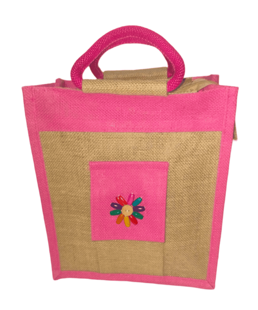 Pink Jute Bag with Colorful Button Detail and Zipper Closure