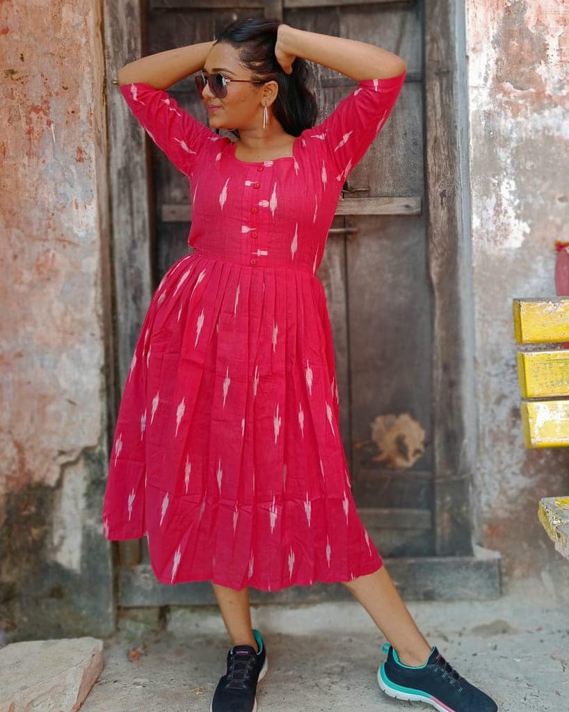 Pure Cotton Ikkat Dress Red Colour (Size XXS(32) to Plus Size(56))-5223 view 3