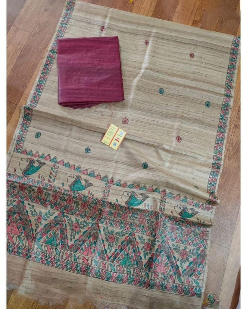 Tussar Silk Madhubani Biege Dupatta and Plain Tussar Silk Top (Tussar by Tussar) Silkmark Certified-7858