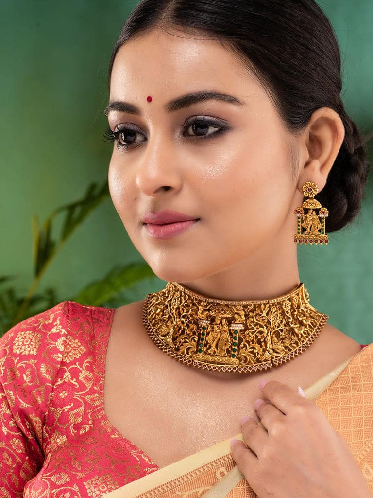 GoldPlated Green AD Studded Radha Krishna Temple Jewellery Set view 2