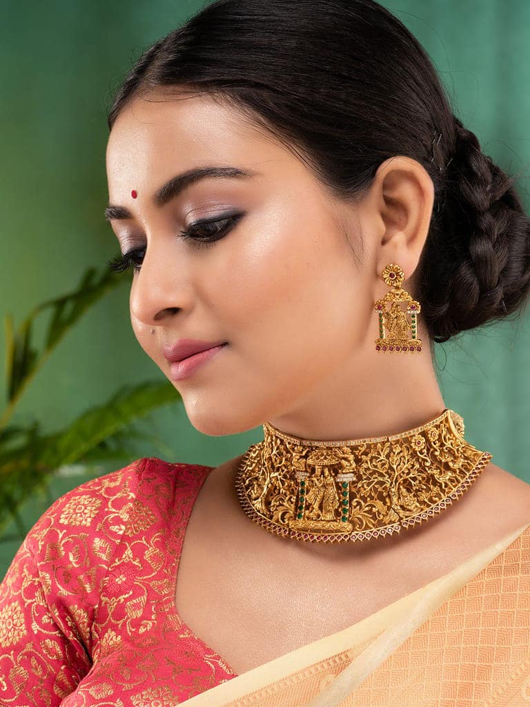 GoldPlated Green AD Studded Radha Krishna Temple Jewellery Set view 3