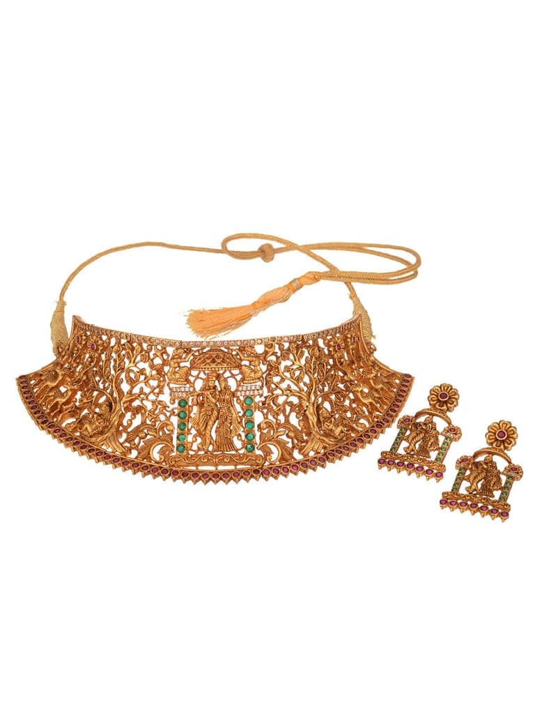 GoldPlated Green AD Studded Radha Krishna Temple Jewellery Set view 6