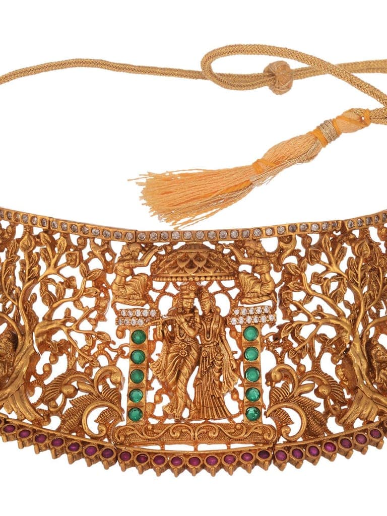 GoldPlated Green AD Studded Radha Krishna Temple Jewellery Set view 7
