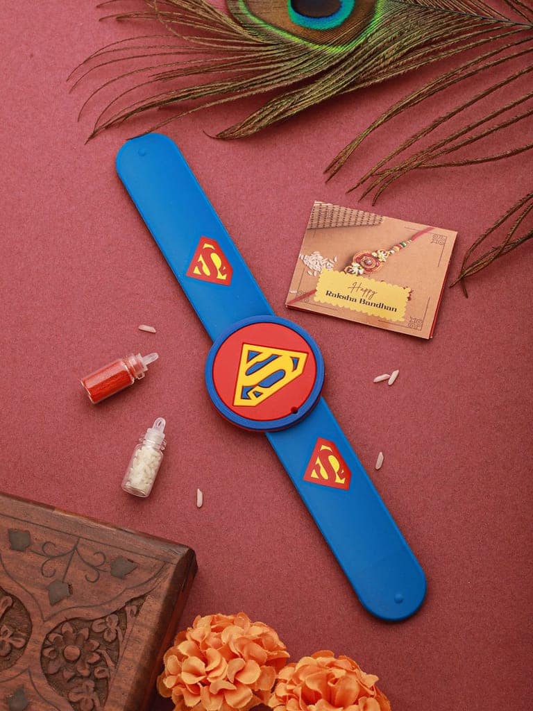 Superman Wrist Slap Band Kids Toy Rakhi With Roli Chawal