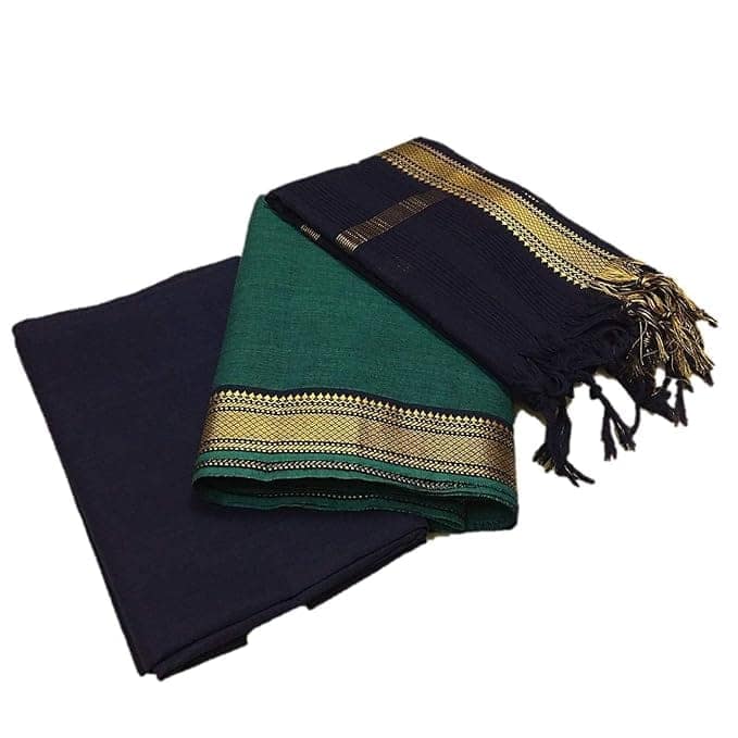 Pure Handloom Mangalagiri Cotton Green and Black Dress Material With Dupatta Set view 2
