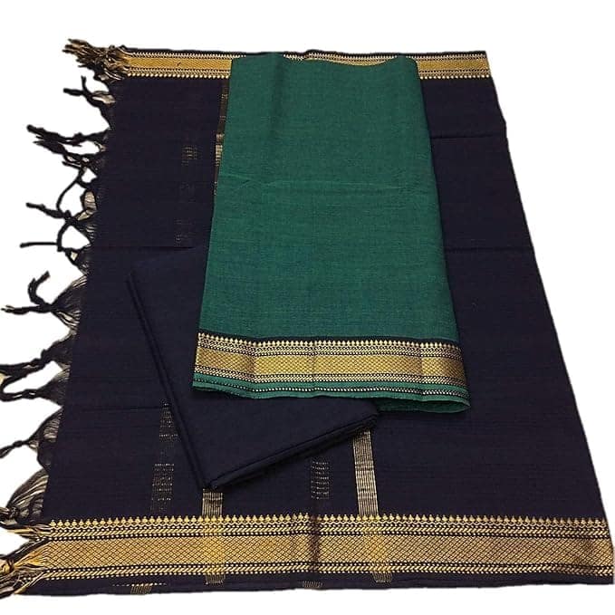 Pure Handloom Mangalagiri Cotton Green and Black Dress Material With Dupatta Set view 3