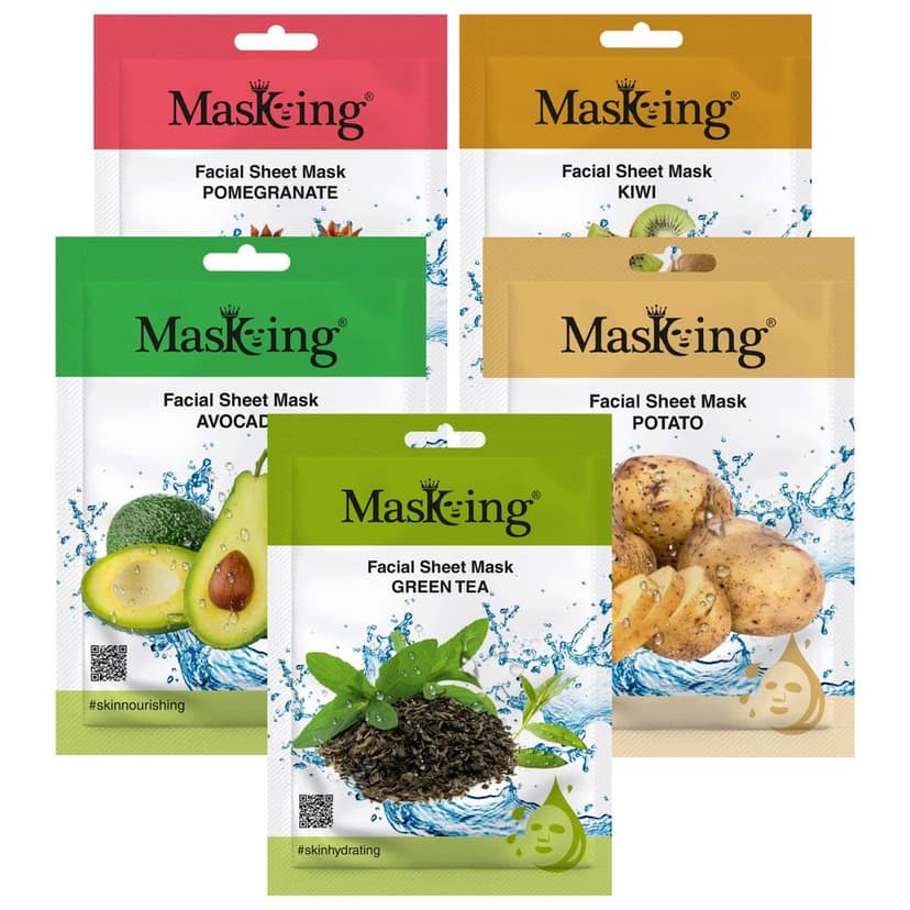 MasKing Beauty Facial Sheet Mask with Real Extract of Pomegranate, Kiwi, Avocado, Potato & Green Tea for Skin Regenerate, Lightening, Nourishing,Glowing & Hydrating for Women & Men, 100ml (Combo Of 5)