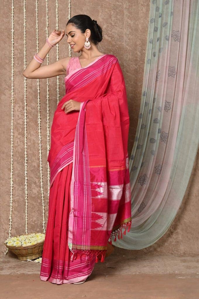 Tyohaar Handloom Cotton Viscose Ilkal Saree with Pure Resham Pallu - Bright Red with Pink Border