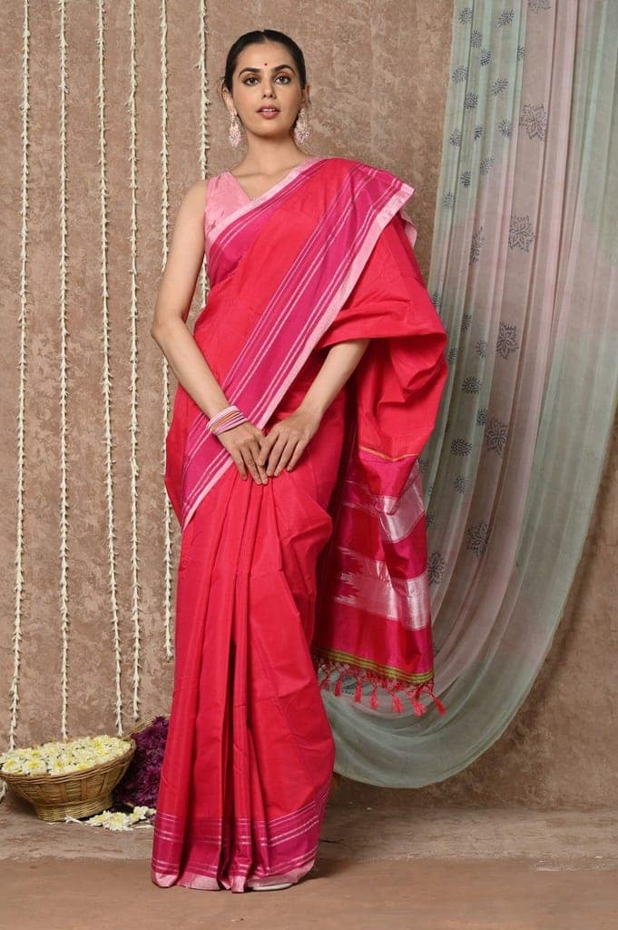 Tyohaar Handloom Cotton Viscose Ilkal Saree with Pure Resham Pallu - Bright Red with Pink Border view 2