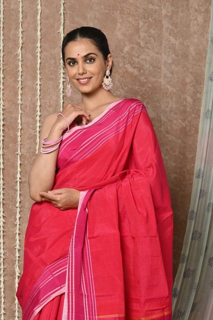 Tyohaar Handloom Cotton Viscose Ilkal Saree with Pure Resham Pallu - Bright Red with Pink Border view 4