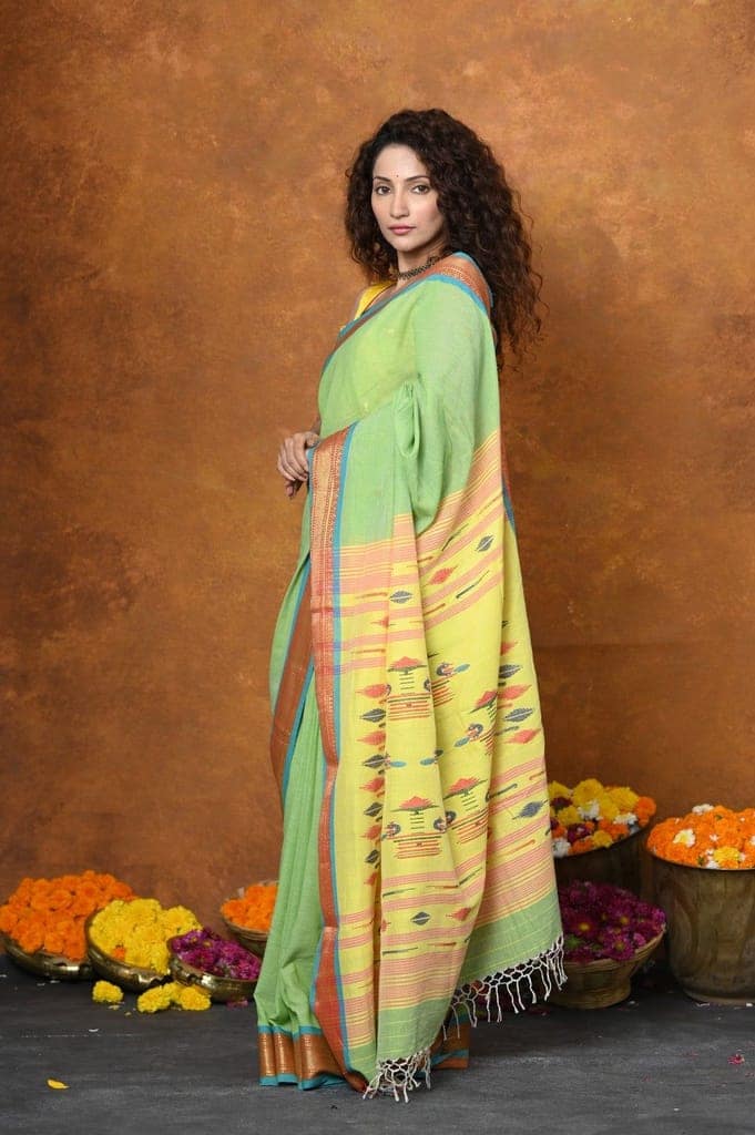 Jijamata Border Pure Cotton Paithani Saree With Traditional Double Pallu ~ Fern Green view 4