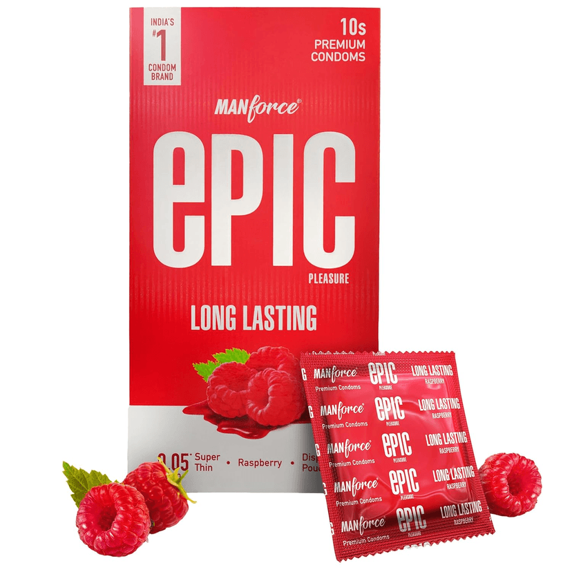 Epic Pleasure Raspberry (10s)Manforce Epic Pleasure Long Lasting Super Thin Raspberry Flavoured Premium Condoms with Disposable Pouch- 10 Counts view 2