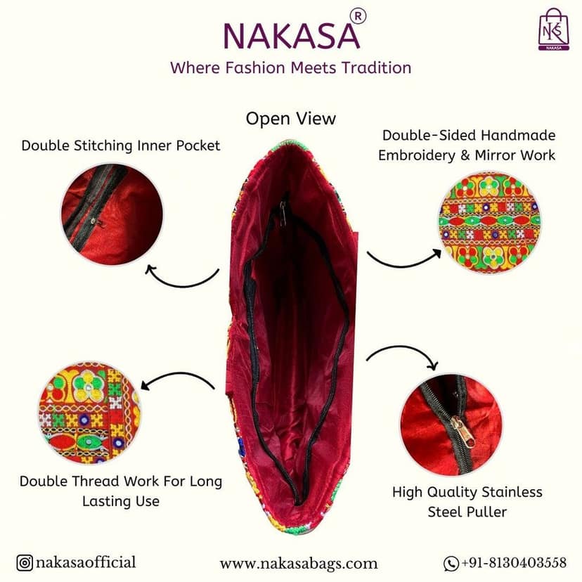 NAKASA Women's Gujarati Handmade Flower Embroidery Regular Red Tote Bag view 4