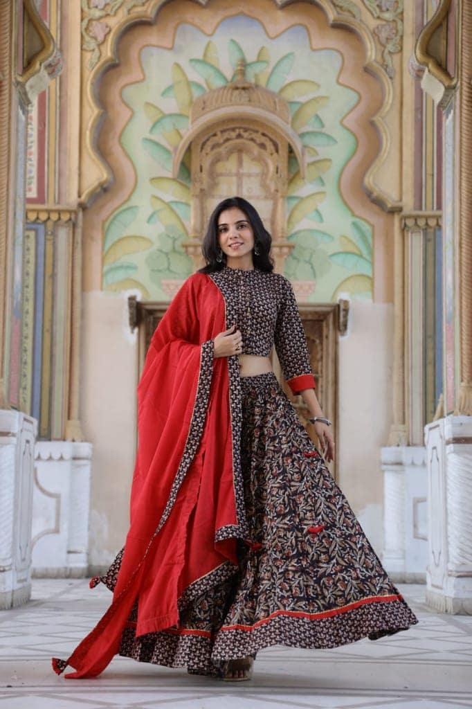 Cotton Lehanga Handblock Printed Aubergine Brown Color and Top With Mulmul Dupatta (Size 34-46)-2312