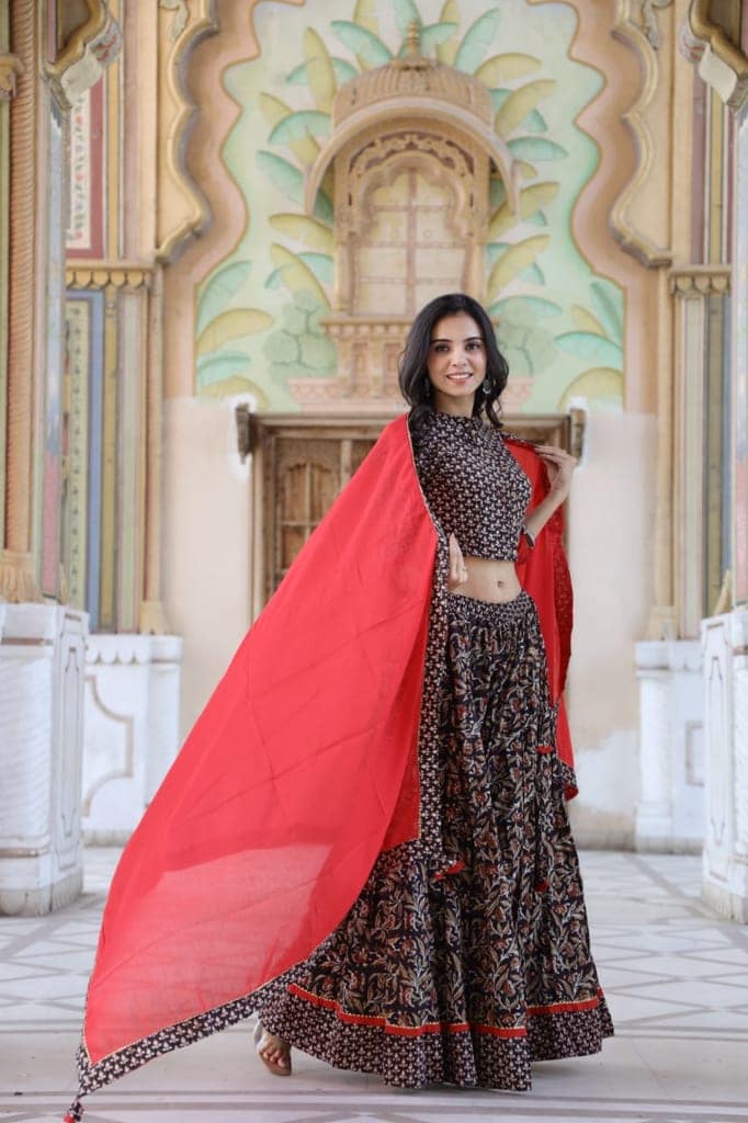 Cotton Lehanga Handblock Printed Aubergine Brown Color and Top With Mulmul Dupatta (Size 34-46)-2312 view 6