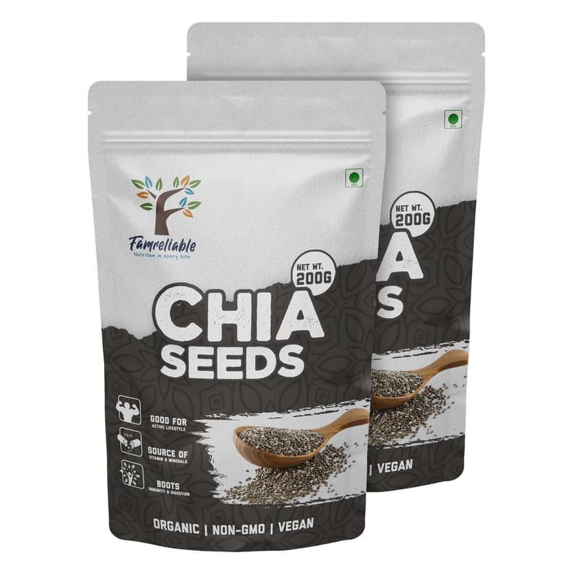 Famreliable Chia Seeds - 400g | High in Omega-3, Fiber, and Protein | Gluten-Free | Perfect for Smoothies, Baking, and Salads (200g Pack of 2) view 2