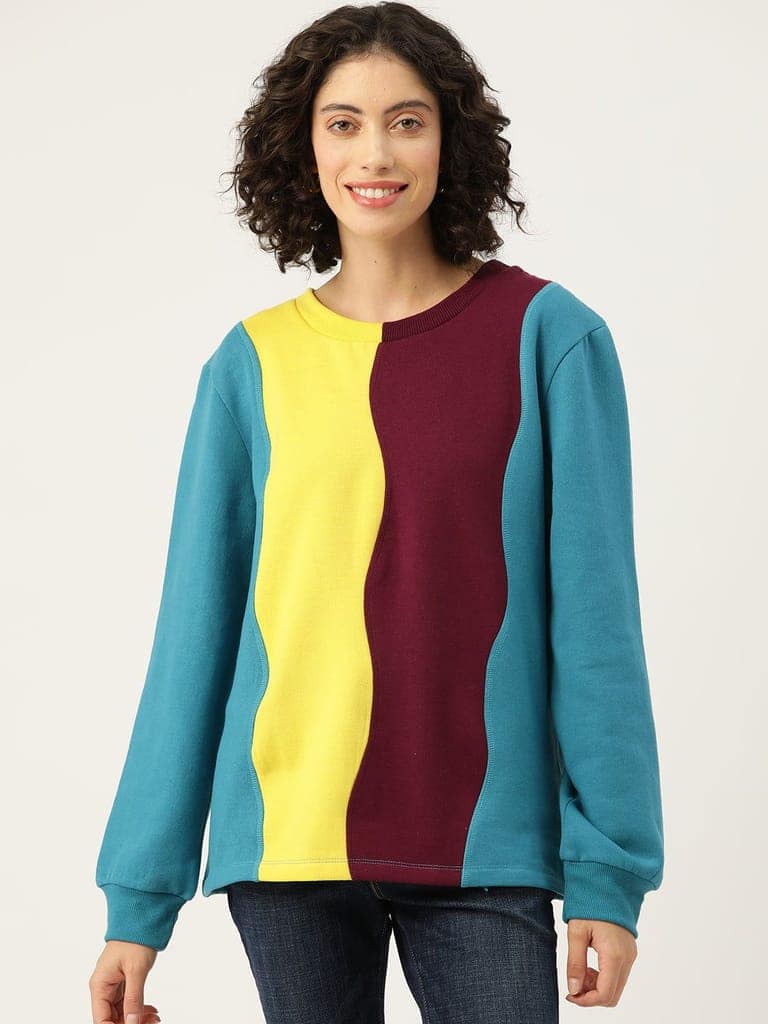 Blue Striped Colourblocked Longline Fleece Sweatshirt view 3