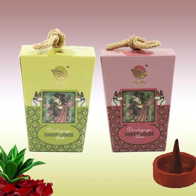 Nandi Panchgavya 100 Percent Cow Dung Kevda & Rose Dhoop Cones (100 Pcs) with Stand