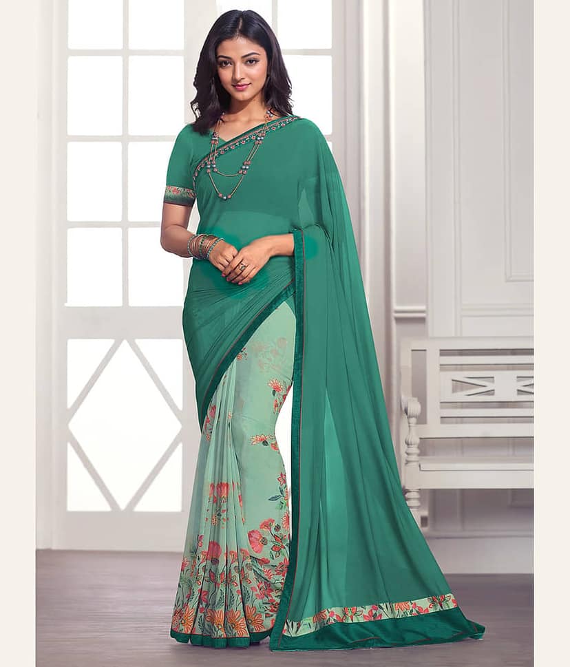 BLEESBURY Georgette Printed Saree With Unstitched Blouse Piece ( Navy Blue )
