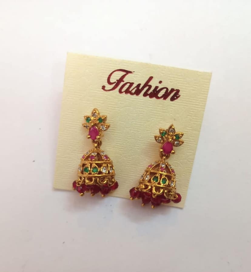 14k Gold Plated Ruby and Kundan Indian Jhumka Earrings view 2