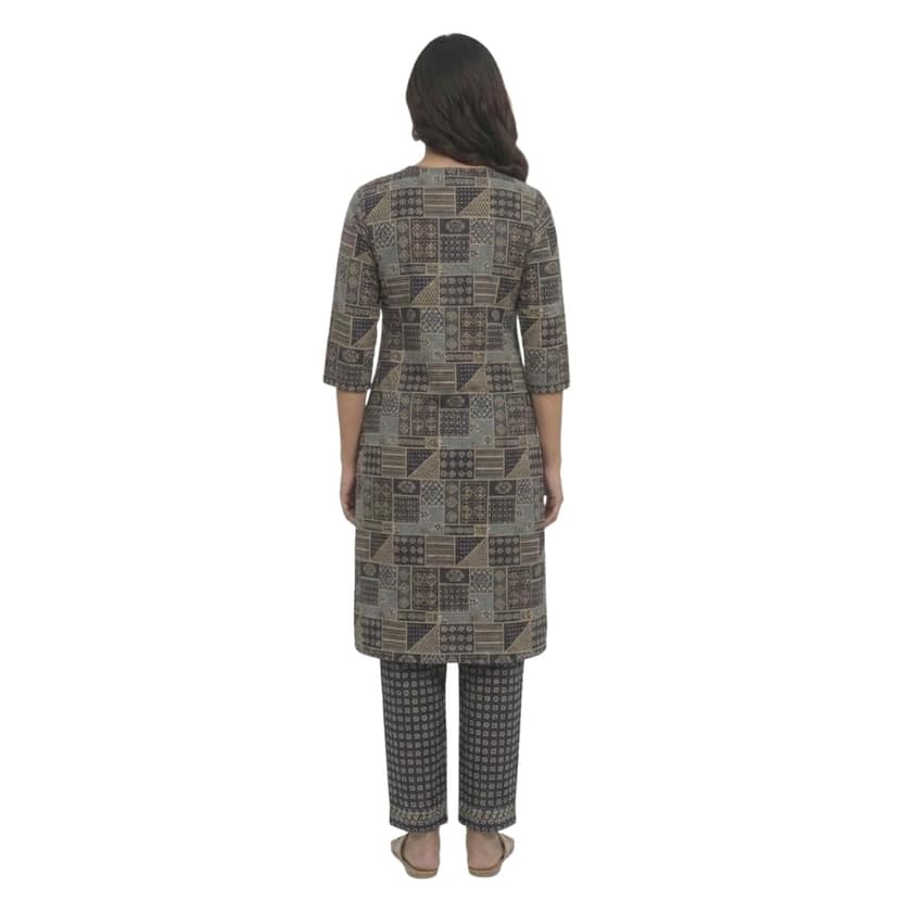Mom and Me Women's Cotton Kurta Co-Ord Set | 3/4 Sleeves Round Neck | Ethnic Printed, Casual Summer Wear | Ethnic Co Ord Set for Women (IN, Alpha, L, Regular, Navy Blue) view 2