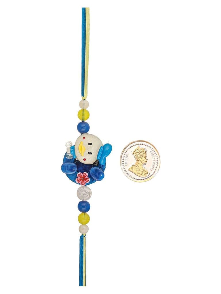 Blue Donald Duck Toy Ribbon Handcrafted Rakhi for Boys or Girls with 999 Pure Silver King George 1 gram Silver Coin view 2