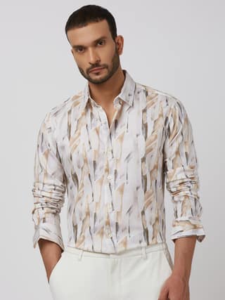 Beige Digital Print Slim Fit Casual Shirt