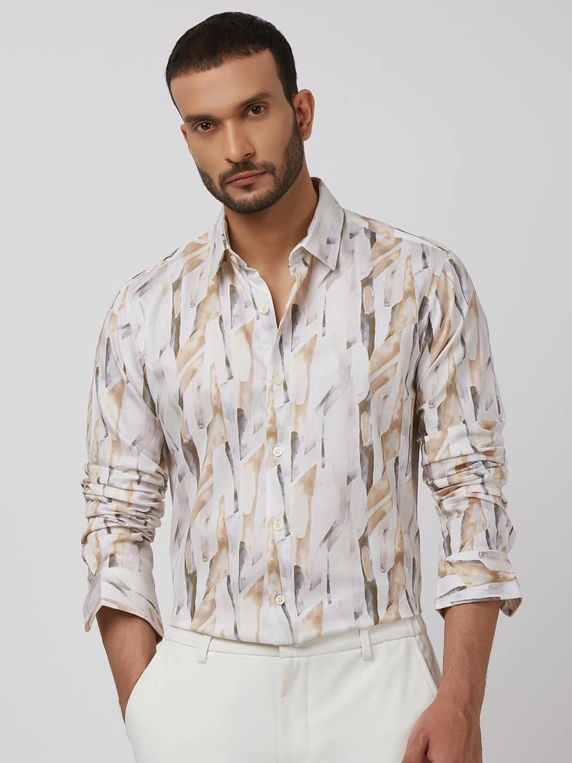 Beige Digital Print Slim Fit Casual Shirt