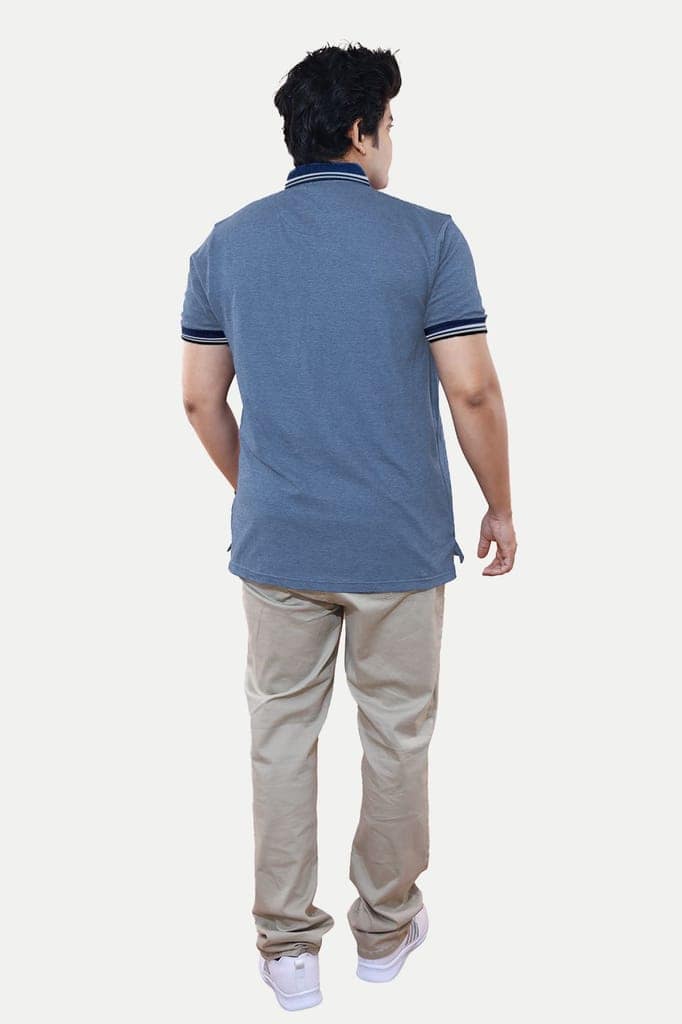 Mens Blue Cotton Jacquard Collar Polo T Shirt view 4