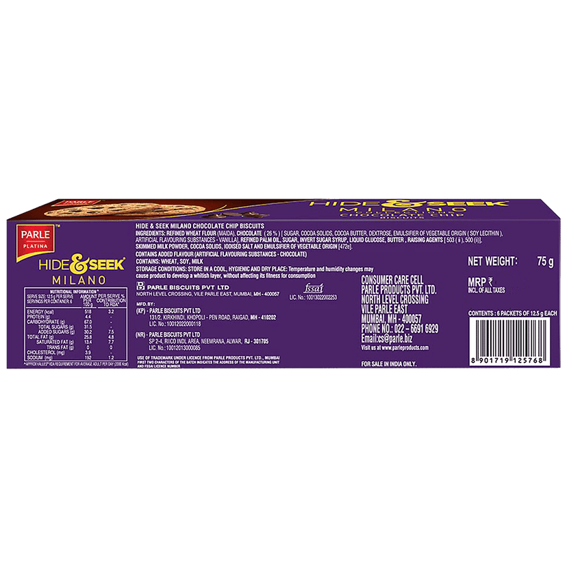 Parle Platina Hide & Seek Milano Chocolate Chip Cookies Milano Cookie, 75G view 2