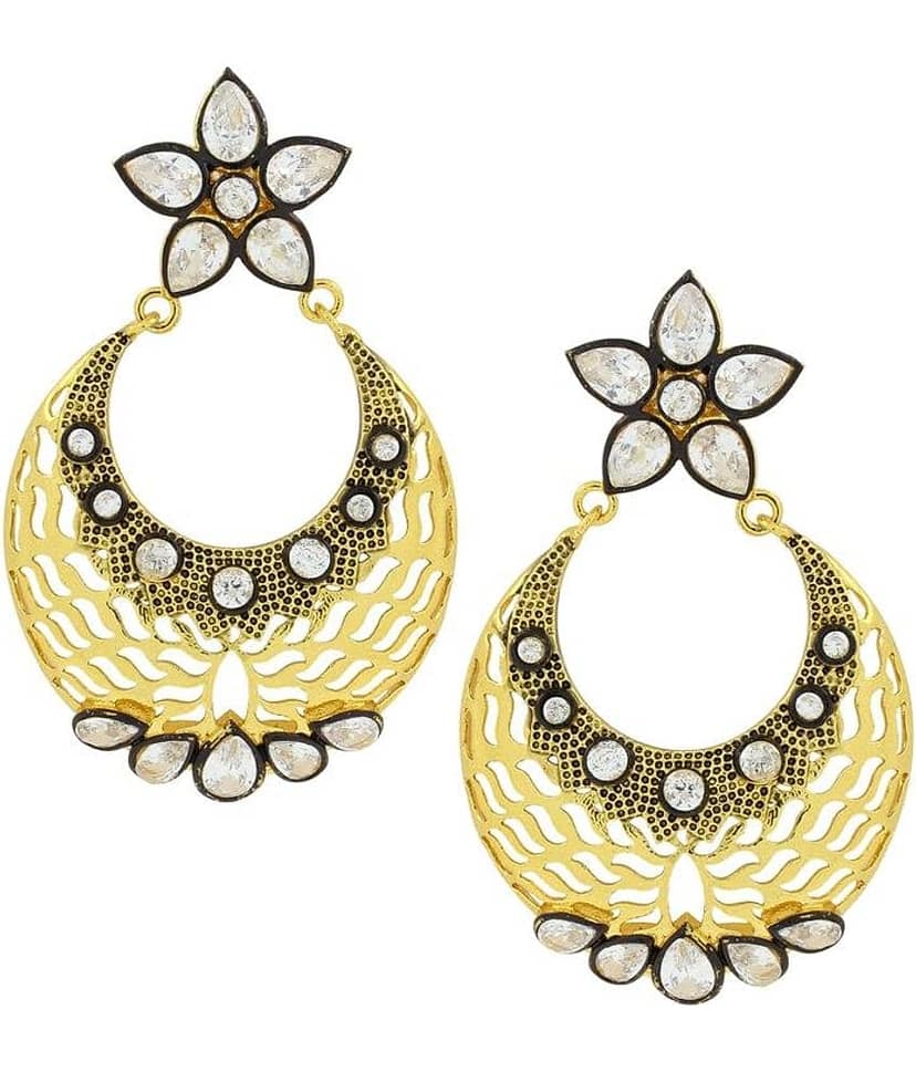 The Jewelbox Filigree Flower Chaand Bali Kundan Polki American Diamond CZ Gold Plated Earring for Women view 2