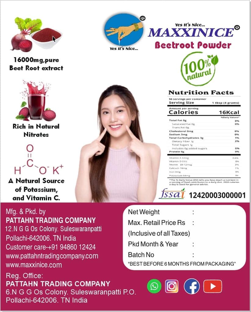 MAXXINICE Beetroot Powder - Rich in Nitrates, Vitamin C, Iron, Fiber, Folic Acid, Antioxidants view 2