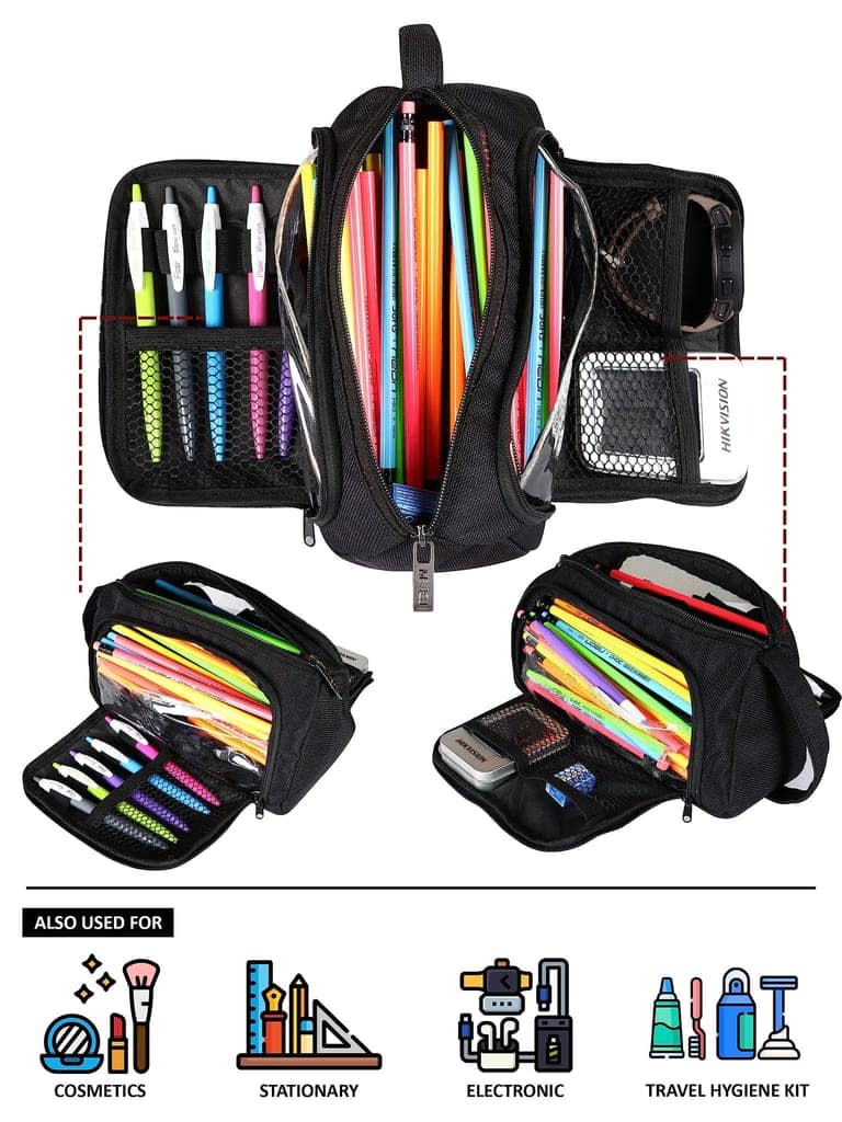 LOREM Large Capacity Pencil Cases Bag, Large Pencil Pen Pouch with Handle, Portable Makeup Bag, Case Cute Stationery Organizer Bag with Zipper for Kids for Students, Kids Adults Office OG09-OG12 view 3