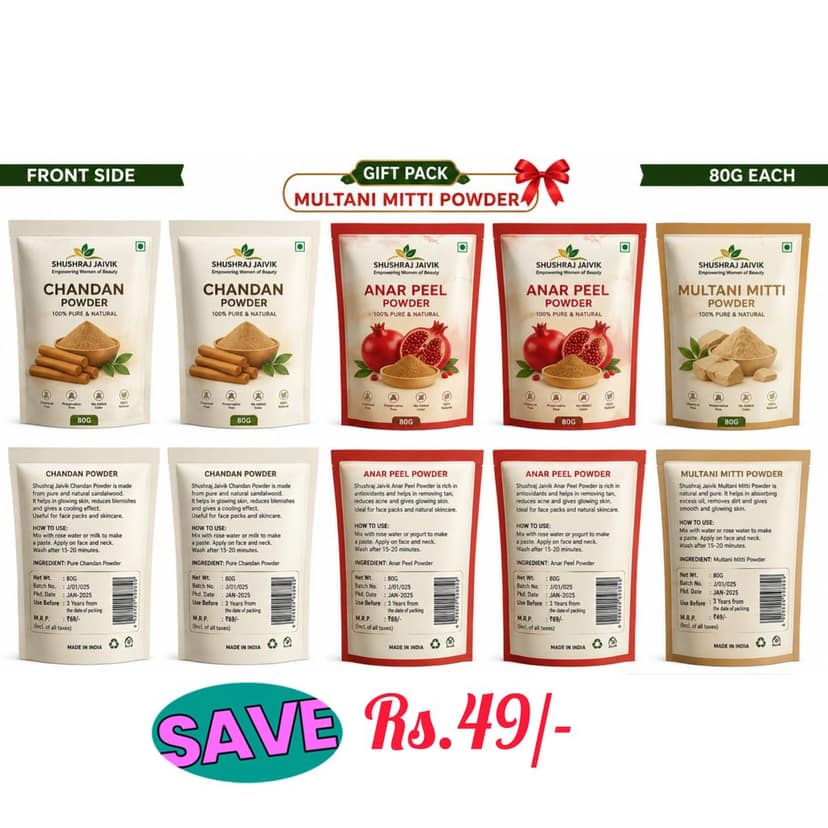 SHUSHRAJ JAIVIK Chandan Powder & Anar Peel Powder Combo with Gift Pack Multani Mitti Powder – 80G Each | Pure Herbal Face Care Powders | 3 Pouch Combo