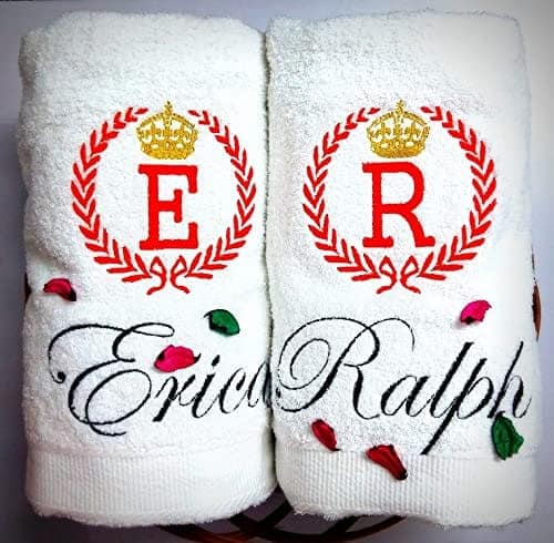 TurtleLittle, 100% Cotton, Laurel with Initials Personalised Couple Towel Set, 600 GSM (Set of 2, White)