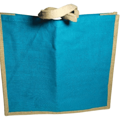 Blue Burlap Tote Bag with Brown view 4