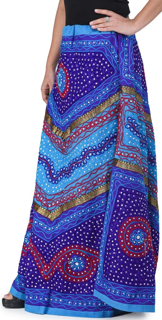 Blue And Turquoise Long Ghagra Skirt from Jaipur with Aari Embroidery and Sequins view 3