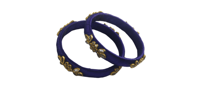 Elegant Purple Thread Bangle Set with Kundan Stone & Gold Plated Embellishments for Women