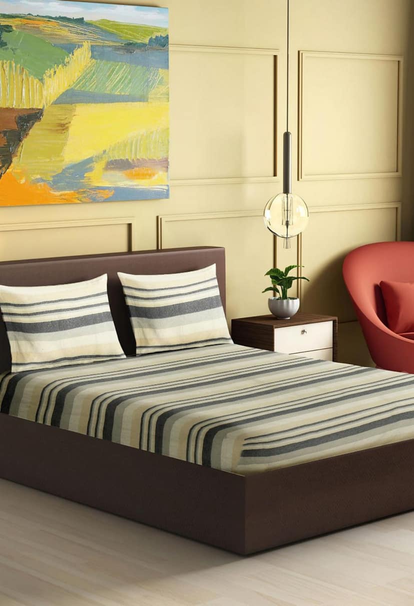 Handloom Cotton Bedsheet With Pillow Covers - White Striped view 2