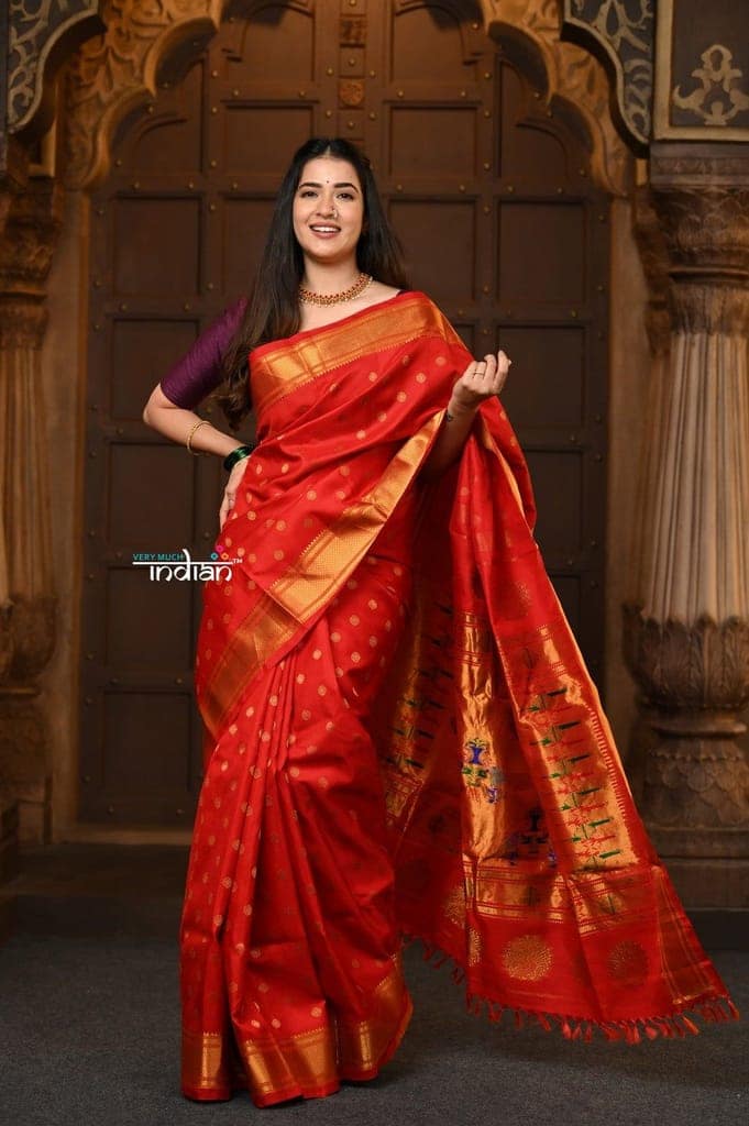 Parampara Revival ~ Handloom Pure Silk Maharani Paithani with Majestic Maharani Pallu in Bright Red