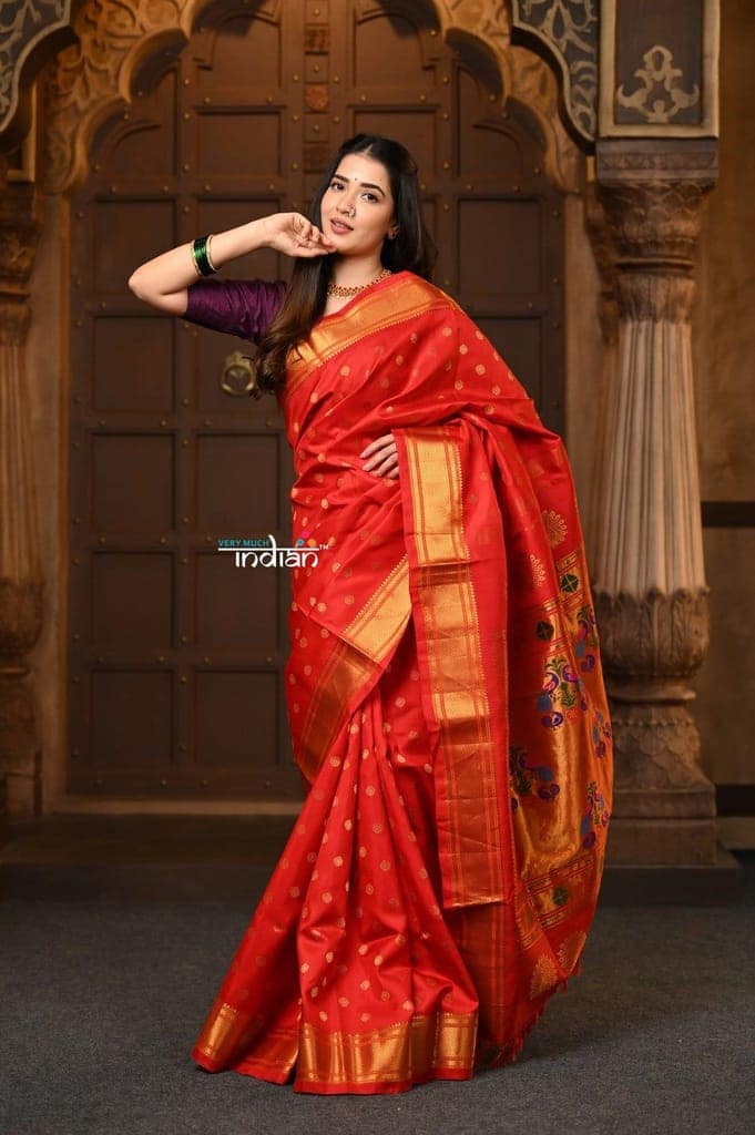 Parampara Revival ~ Handloom Pure Silk Maharani Paithani with Majestic Maharani Pallu in Bright Red view 4