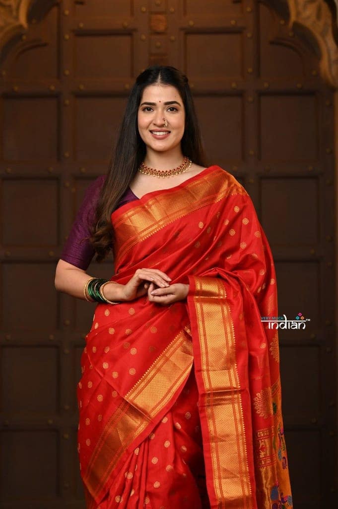 Parampara Revival ~ Handloom Pure Silk Maharani Paithani with Majestic Maharani Pallu in Bright Red view 5