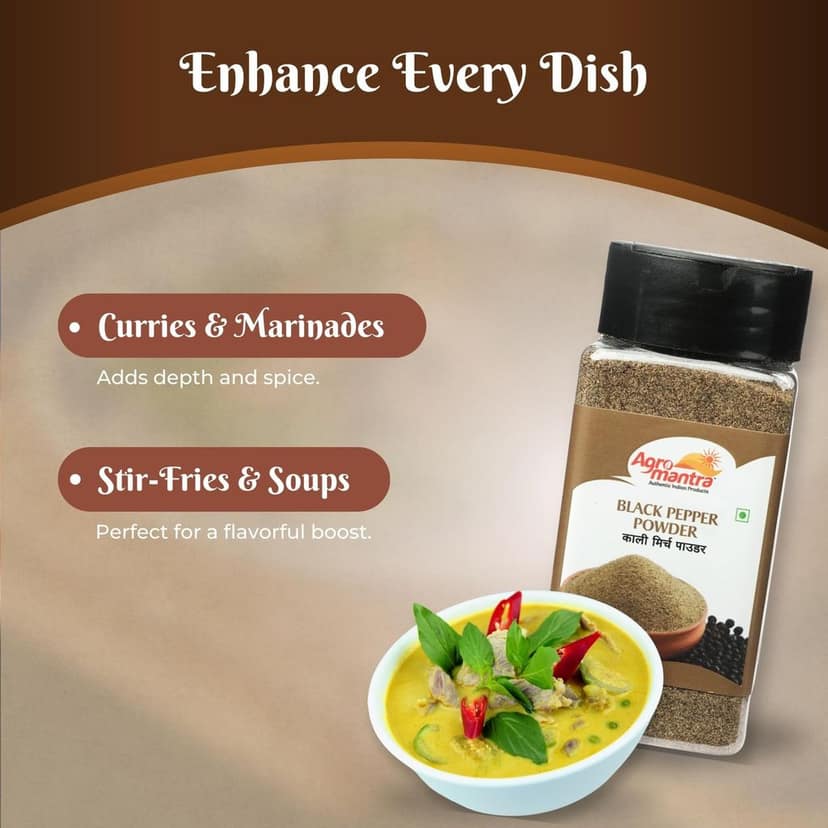 Agro Mantra Aromatic Black Pepper Powder | Sourced from Kerala | Finely Ground for Seamless Blending | Perfect for Curries, Soups, Marinades & Seasoning | Preservative-Safe (pack of 3) view 4