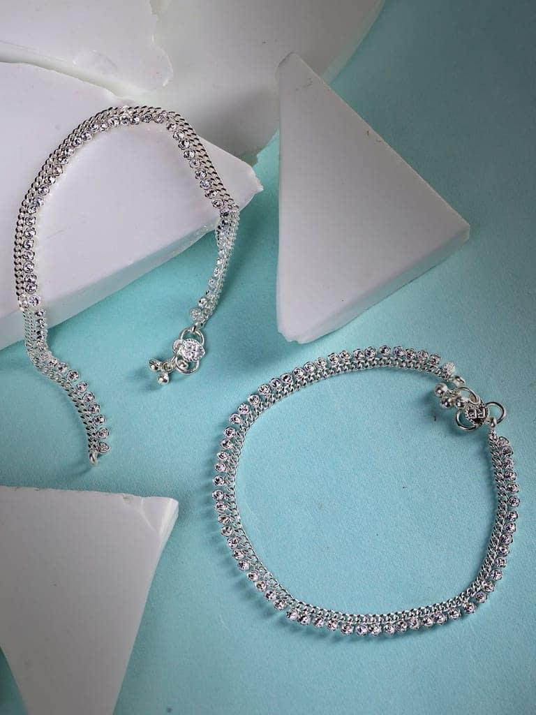 Set Of 2 Silver Plated White AD Studded Modern Payal Anklet view 2