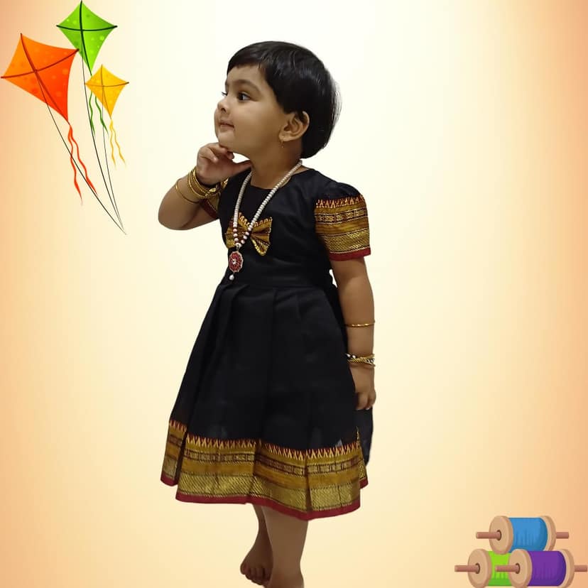 Mom and Me Baby Girls' Black Acrylic Cotton Ethnic Dress view 2