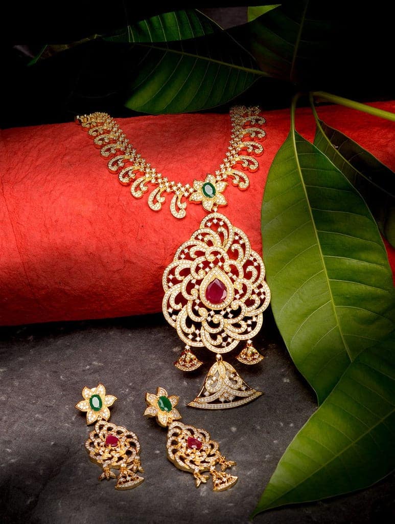 Gold Plated Multi Stone Studded Pendant Style Neclace and Earring Set view 2