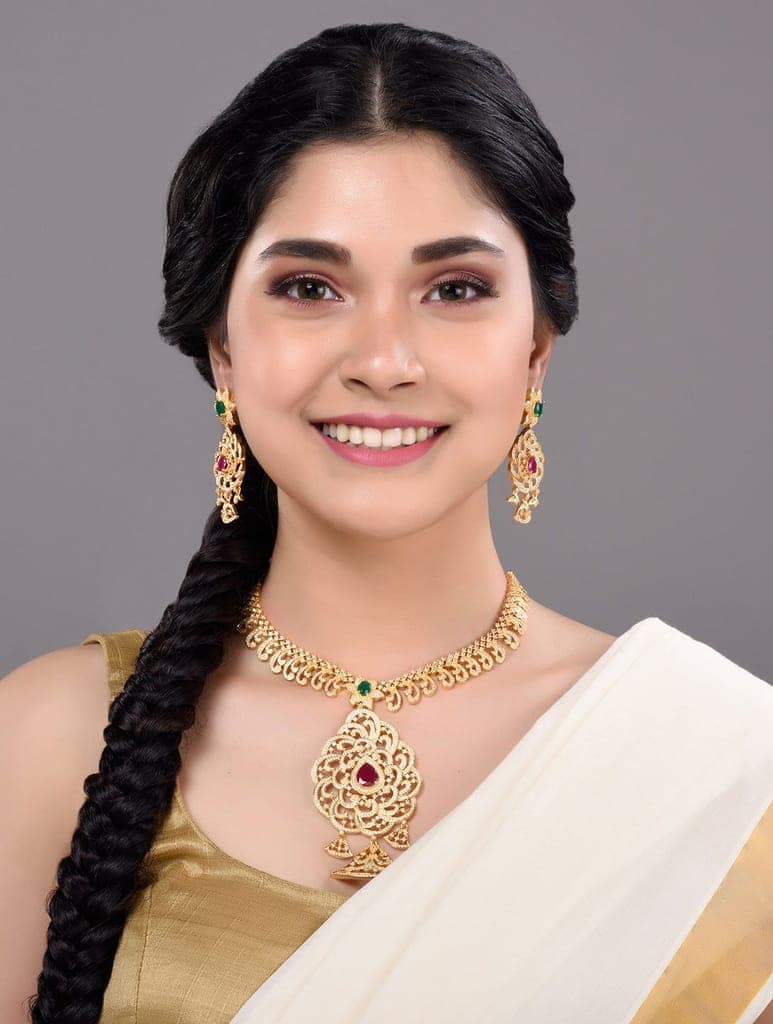 Gold Plated Multi Stone Studded Pendant Style Neclace and Earring Set view 3