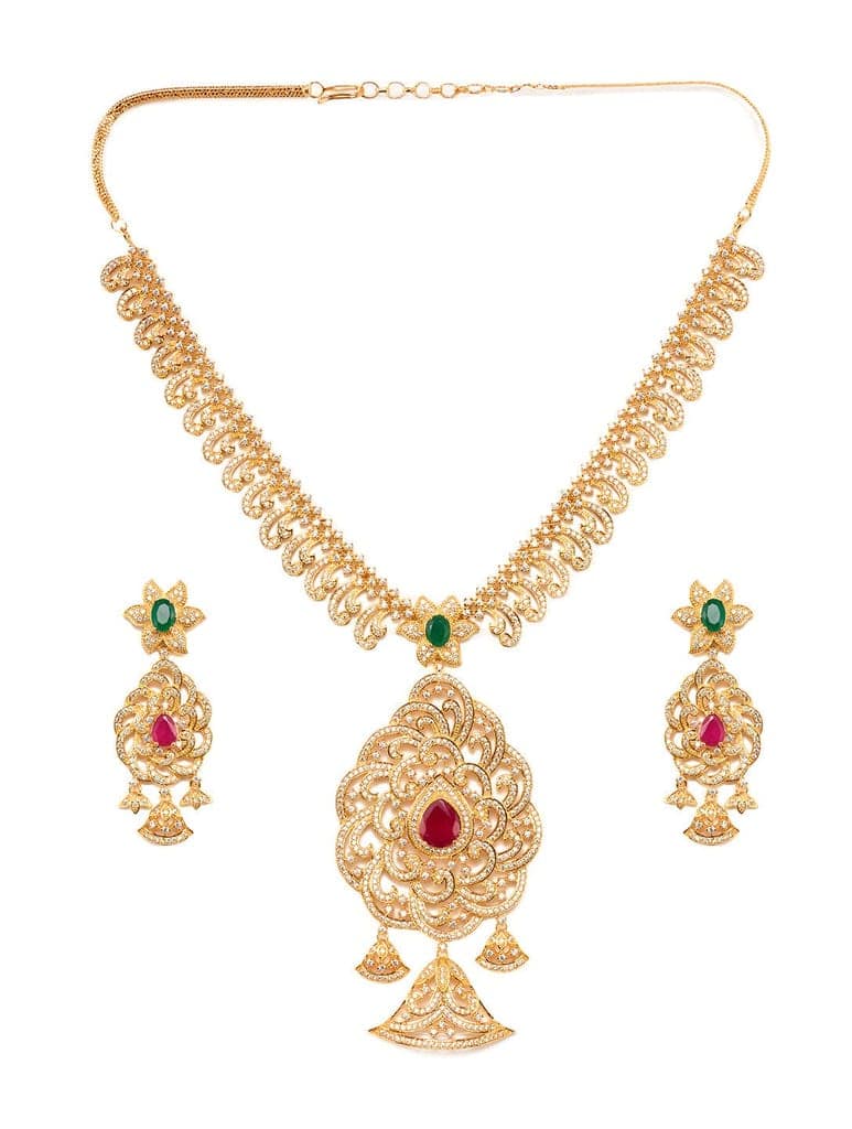 Gold Plated Multi Stone Studded Pendant Style Neclace and Earring Set view 4