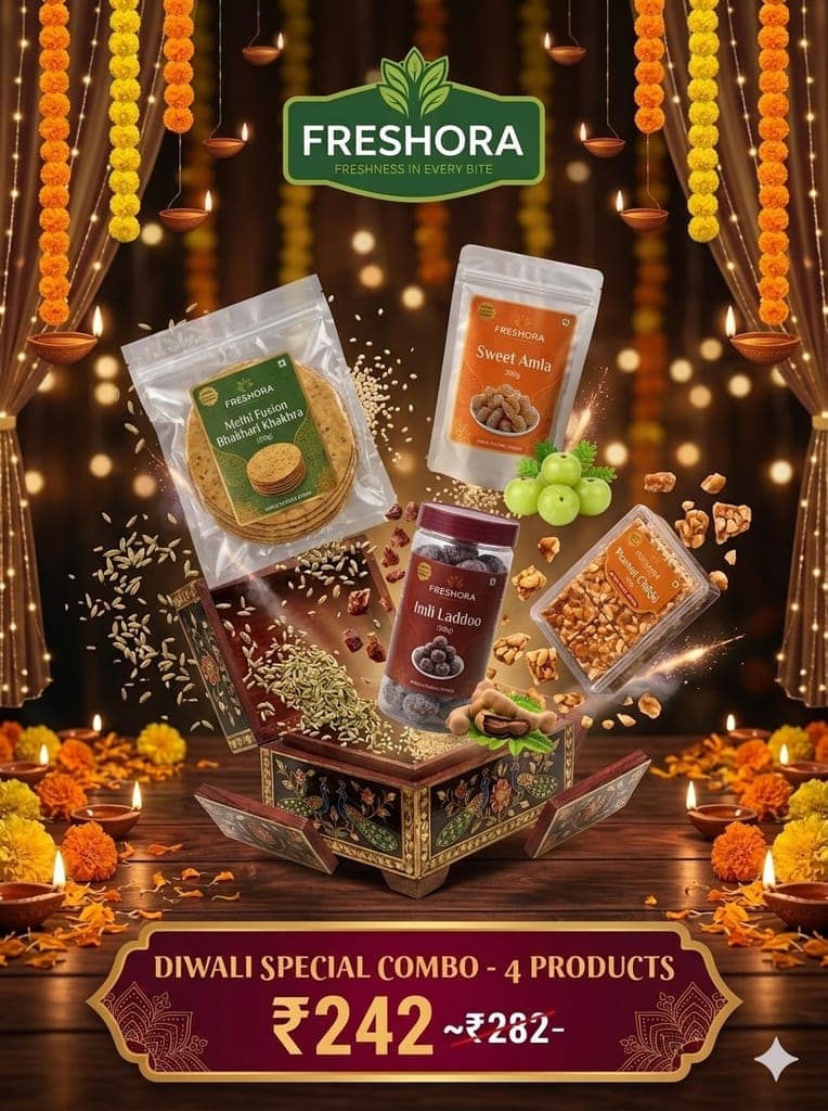 Freshora Diwali Special Festive Combo Pack (Set of 4) | Vacuum Packed Methi Fusion Bhakhari Khakhra, Sweet Amla, Tangy Imli Laddoo & Premium Peanut Chikki | 900g Total Weight